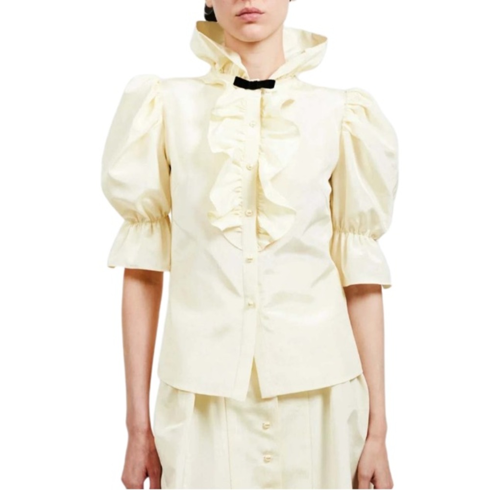 Batsheva Lou Faux Pearl-Embellished Ruffled Moire Blouse